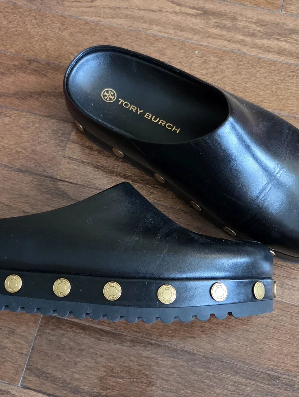 TORY BURCH Black Leather Studded Platform Clogs Mules Size 8 New in Box